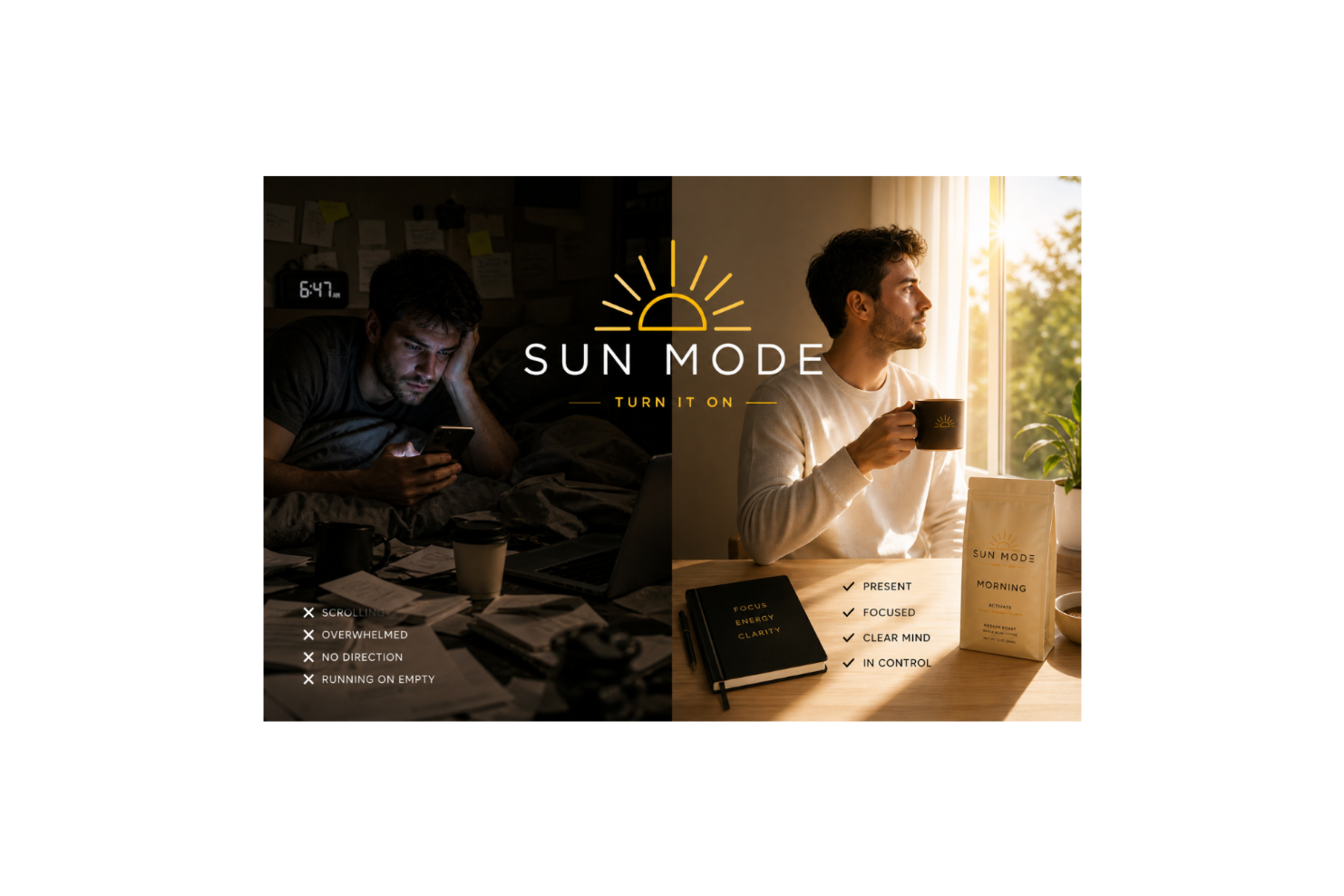 Advertisement for Sun Mode with a person in a dark room and another at a desk with a cup of coffee.